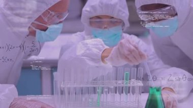 Pembe bir arka planda bilimsel sembollerin animasyonlarıyla çevrili bilim adamlarının dijital bileşimi