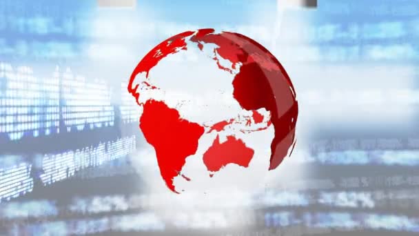 前视图动画的红色3D 转动的地球与灰色箭头在前景和证券交易所在背景 — 图库视频影像