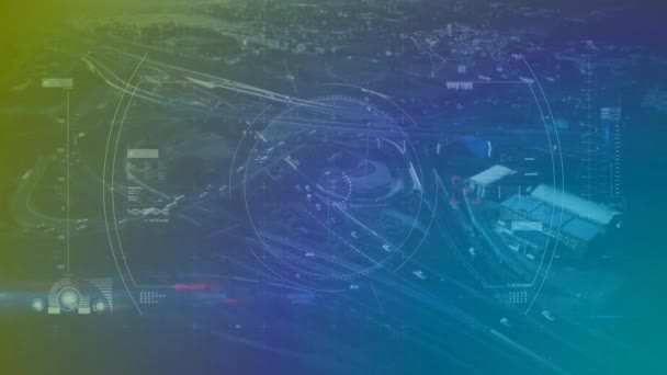 Composite numérique de la recherche de cible se déplaçant contre le paysage urbain coloré 