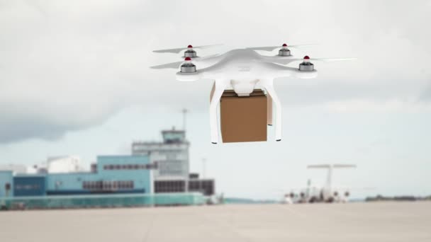 Composito Digitale Drone Consegna Bianco Contro Nave Carico Sullo Sfondo — Video Stock