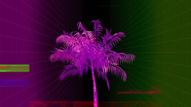テレビの前景にアニメーションをパチパチと紫と緑の背景に紫のパーム立っているのデジタル アニメーション — ストック動画