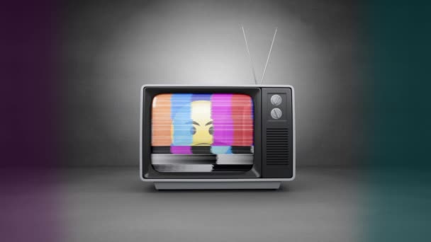 Digitale Composiet Van Retro Televisie Met Boze Emoji Sissende Scherm — Stockvideo