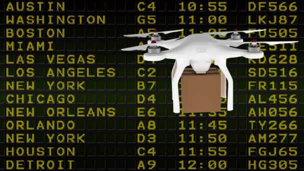 白色交付无人机在航班时刻表表上拿着纸板的数字动画 — 图库视频影像
