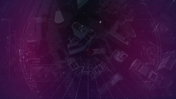 Composite numérique de la recherche de cible se déplaçant contre la vue aérienne d'un paysage urbain avec un filtre violet 