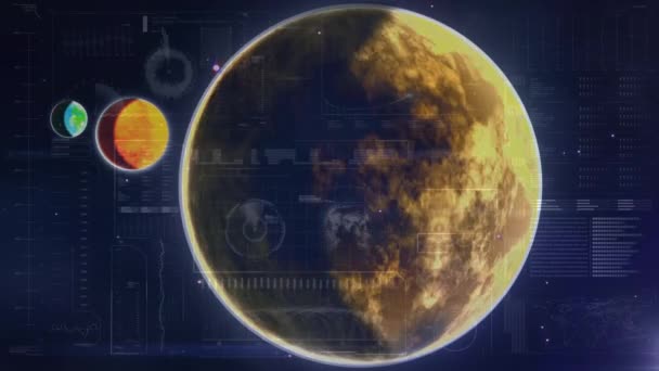 Цифровая Анимация Вращающегося Земного Шара Против Синей Приборной Панели Планет — стоковое видео