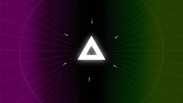 紫と緑の背景の線と円の白い三角形 Explosing のデジタル合成 — ストック動画