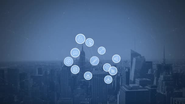 Ψηφιακός Σύνθετος Εφαρμογές Κύκλου Κατά Αστικό Τοπίο Μπλε Φόντο — Αρχείο Βίντεο