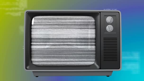 Animación Digital Televisor Antiguo Con Paisaje Urbano Pantalla Azul Contra — Vídeos de Stock