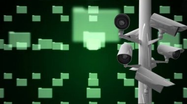 Siyah arka planda kilit, klasör ve kodlar ile yeşil bilgisayar analizi karşı gözetim kamera dijital animasyon