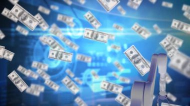 Teknolojik mavi bir arka plan üzerinde para çevrili bir mavi küre tutan bir robot kolu dijital animasyon