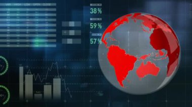 Saydam dünyanın dijital bileşimi, soldan sağa doğru gelen oklar ile kendi etrafında dönüyor. Arka planda grafik ve istatistik Lots
