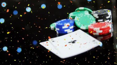 Belirteçleri ve konfeti ve balon animasyon ile katta düşen kartları dijital bileşik