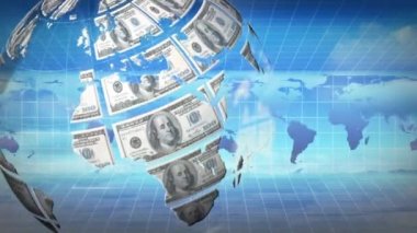 Bir toprak Haritası kaydırma ve mavi gökyüzü ile bir ızgara arka plan üzerinde Torna banknotlar tarafından oluşturulan bir dünya küre dijital kompozisyon
