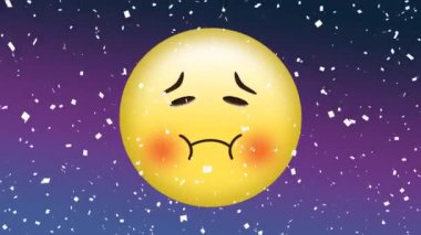 Sarı hasta emoji mor zemin üzerine konfeti ile dijital olarak animasyon. O yorgun görünüyor