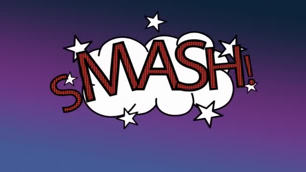 Cyfrowej Animacji Słowa Smash Wybuchu Chmurze Kreskówka Projekt Fioletowym Tle — Wideo stockowe
