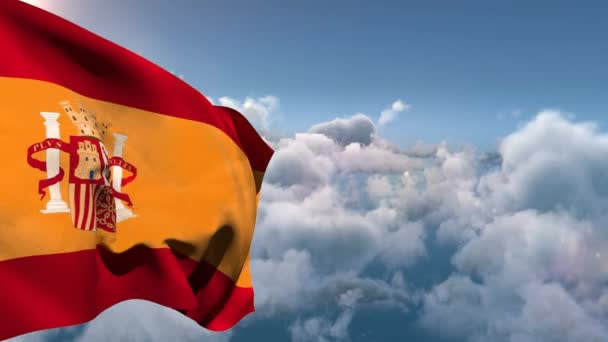 Цифровая Анимация Государственного Флага Испании Плавающего Облачном Небе — стоковое видео