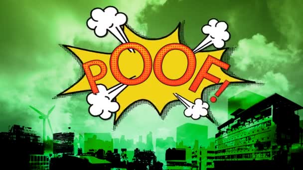 数字动画的数字动画的数字动画的数字动画 红色的 Poof 在黄色泡沫反对城市景观与绿色过滤器在背景 — 图库视频影像