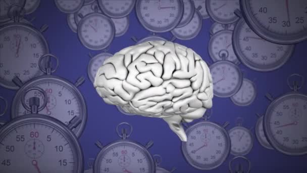 Animação Digital Cérebro Branco Girando Contra Relógios Fundo Roxo — Vídeo de Stock