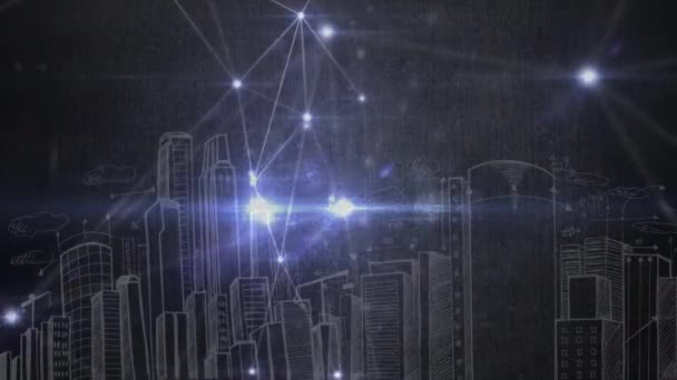 Цифровая Композитная Точка Света Связанная Связью Рисунок Городского Пейзажа Заднем — стоковое видео