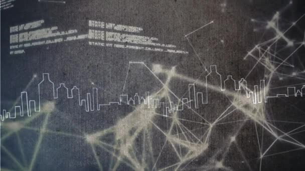 光连接的数字动画 在灰色背景上表示地球地图 前景上有数据图表 图形和城市形状 — 图库视频影像