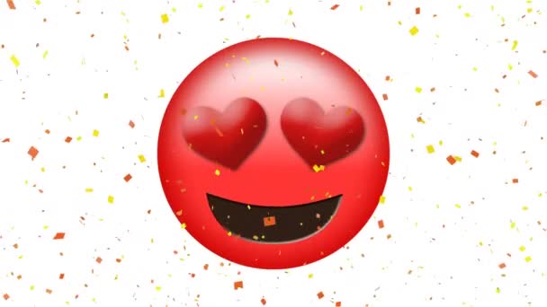 Animação Digital Emoji Vermelho Com Olhos Coração Confete Fundo Branco — Vídeo de Stock