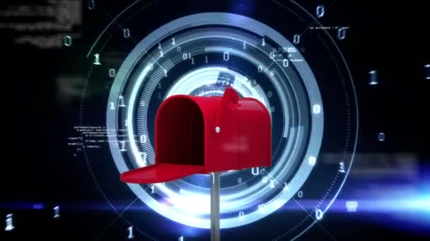 Digital Animation Red Letterbox Surrounded Binary Codes Data Searching Target — Stock Video