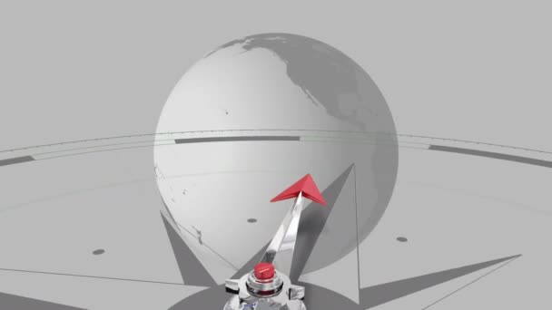 Animation Numérique Boussole Contre Globe Tournant Sur Fond Gris — Video
