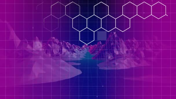 Digitally Animated White Hexagon Shape Grid Pattern Surrounded Mountains — Stock Video