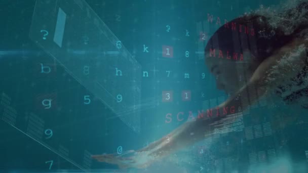 数値コードと青い背景に対してデータ グラフに囲まれて泳いでいる女性のデジタル合成 — ストック動画