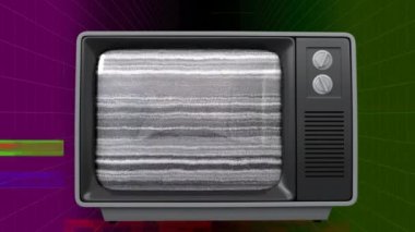Renkli bir arka planda cızırtılı karşı ekranda pembe flamingolar ile eski bir TV anahtarının ön görünümü