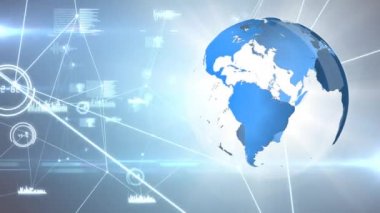 Veri bağlantıları, ses dalgaları ve mavi arka planda kodlar ile çevrili iplik küre dijital animasyon