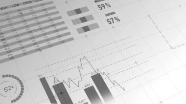 Grafikler, eğrileri, diyagram, bilgi ile birçok kağıt dijital kompozit iken oklar düşen