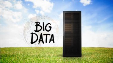 Veri sunucusu ve çizim veri sunucu, cloud ve iplik dünyanın mavi gökyüzü ve otların içinde belgili tanımlık geçmiş karşı dijital animasyon