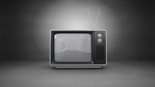 画面と灰色の背景にアニメーションに古いテレビのスイッチのフロント ビュー — ストック動画