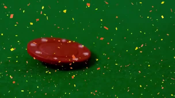 Κινούμενη Εικόνα Των Chips Πόκερ Που Πέφτουν Πράσινο Φόντο Κομφετί — Αρχείο Βίντεο