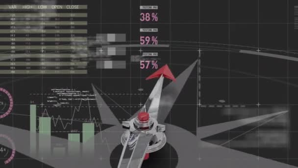 カラフルな財務データのダッシュボードに対して赤い矢印と灰色のコンパスのデジタルアニメーション — ストック動画