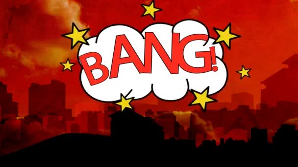 Kırmızı Arka Planda Cityscape Karşı Bir Bulutta Kırmızı Kelime Bang — Stok video