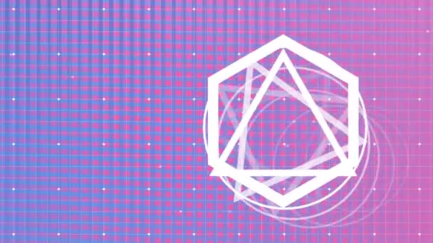 Animação Digital Triângulos Círculos Hexágonos Girando Sobre Fundo Grade Rosa — Vídeo de Stock