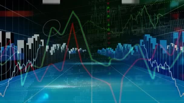 Frontansicht Der Statistik Analyse Mit Grafikkurven Diagrammen Und Pfeil — Stockvideo