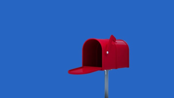 红色信箱的数字动画打开对白色箭头指向蓝色背景 — 图库视频影像