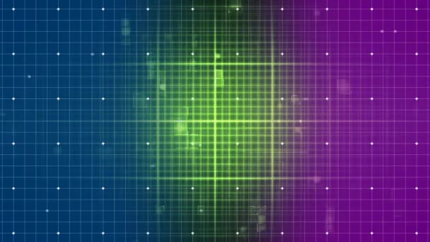 緑の音波とバック グラウンドでカラフルなグリッド パターンに対して緑色の光効果のデジタル アニメーション — ストック動画