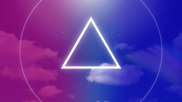 Digital Animation White Blinking Triangle Rainbow Blue Sky Background — Stock Video