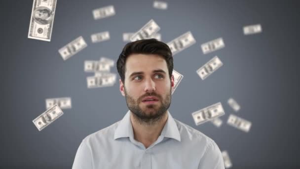 Digital Composite Happy Caucasian Businessman Money Free Fall Grey Background — Stock Video