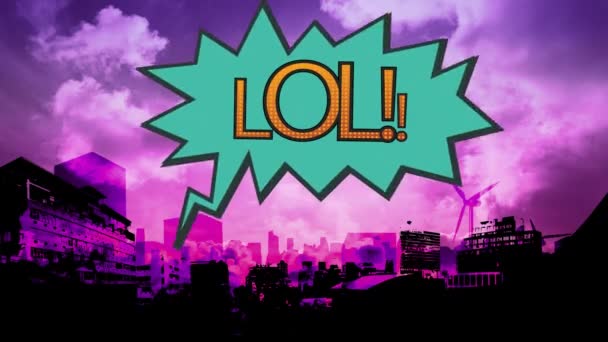 ピンクの背景の街並みに対して青い感嘆バブルの単語笑のデジタル アニメーション — ストック動画