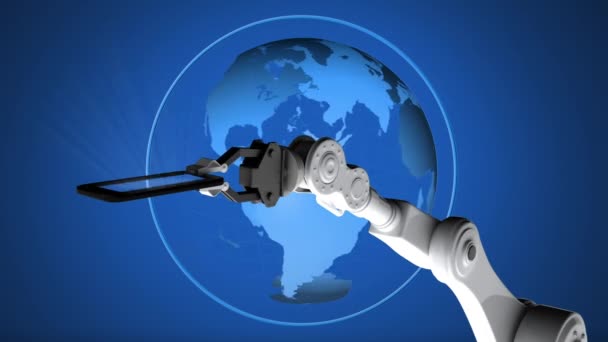 Digital Animation Robotarm Hålla Mobil Telefon Mot Spinning Världen Blå — Stockvideo