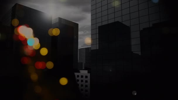 多云与动画泡泡的天空刮板的城市景观的数字复合 — 图库视频影像