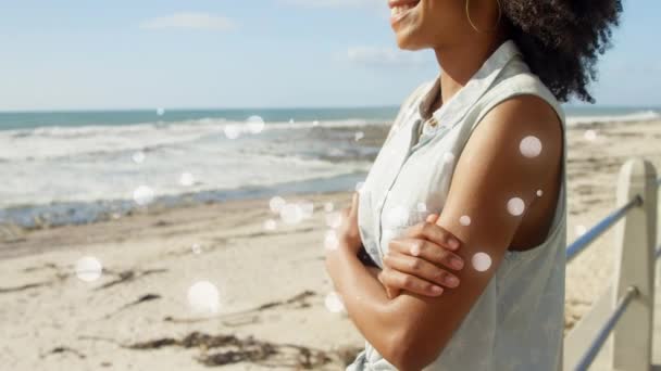 Animación Digital Hermosa Mujer Afroamericana Brazos Cruzados Sonriendo Mirando Mar — Vídeos de Stock