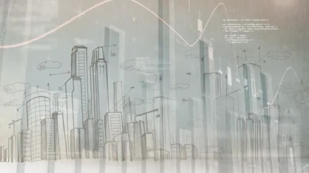 Composite Numérique Diagramme Barres Avec Paysage Urbain Dessiné — Video