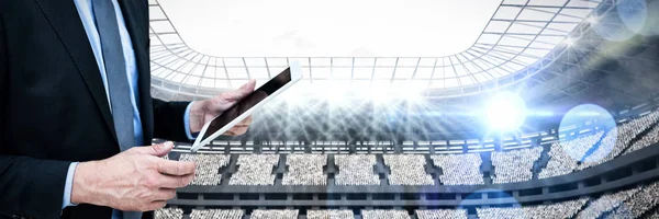 Businessman Holding Tablet Computer Rugby Stadium — Stock Photo, Image