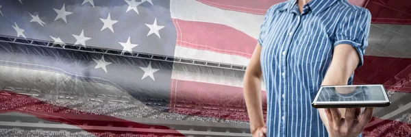 Mid Section Woman Holding Tablet Close American Flag — Stock Photo, Image